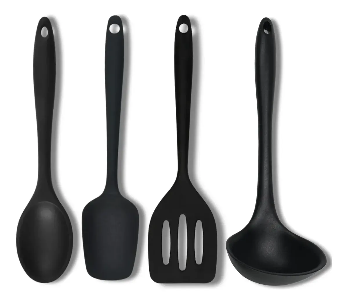 Kit 4 Utensílios Silicone Preto Espátulas Colher E Concha