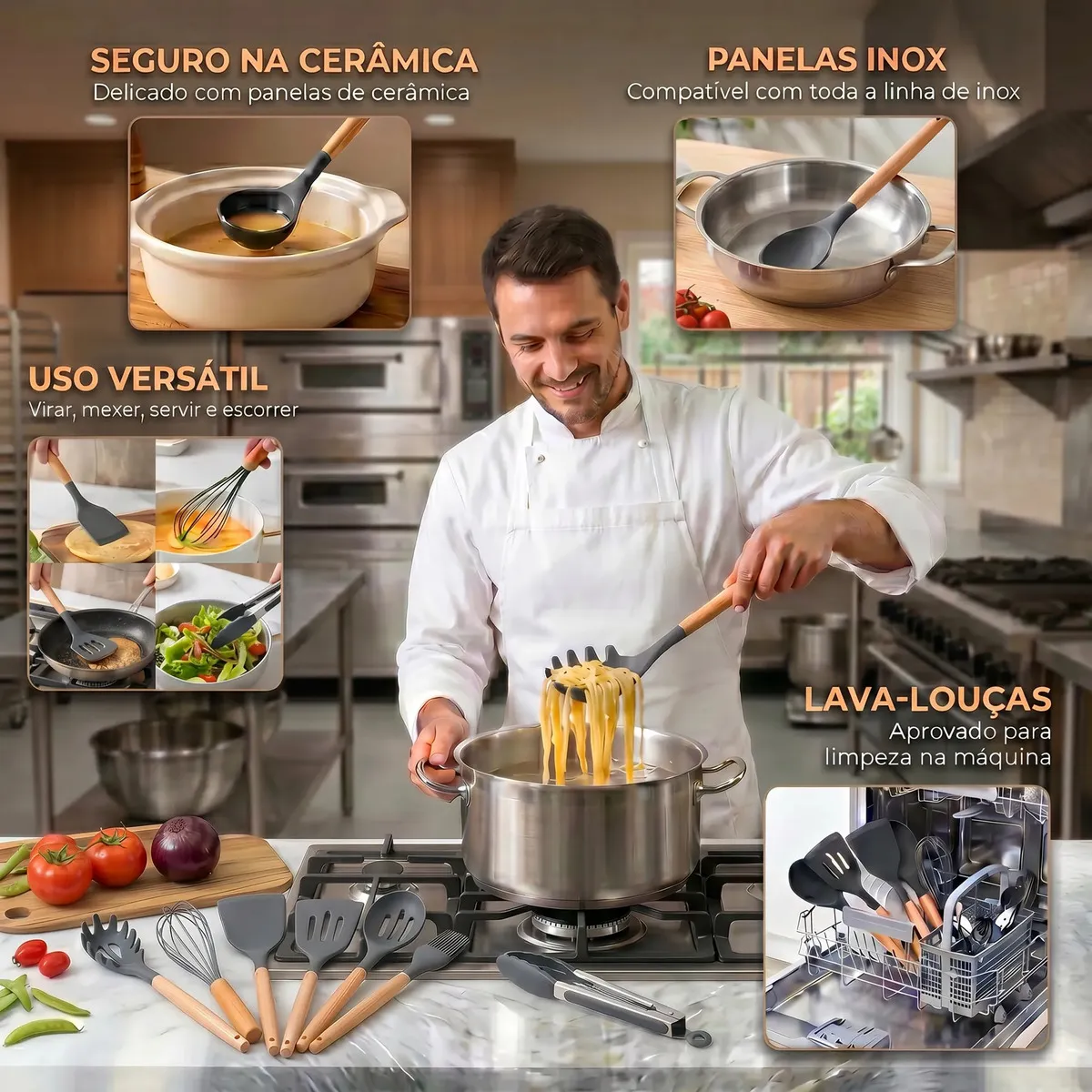 Kit 12 Utensílios De Cozinha Em Silicone Cabo Madeira Antiderrapante Resistentes Ao Calor Antiaderentes Ideal Para Panelas E Preparos Completos Ponte Lar Utilidades - Imagem 2