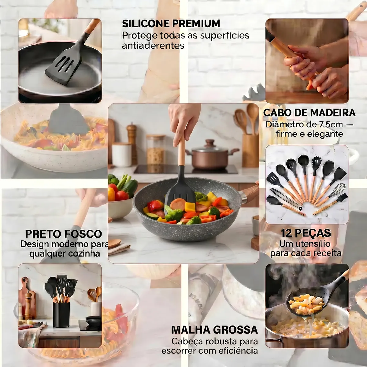 Kit 12 Utensílios De Cozinha Em Silicone Cabo Madeira Antiderrapante Resistentes Ao Calor Antiaderentes Ideal Para Panelas E Preparos Completos Ponte Lar Utilidades - Imagem 3