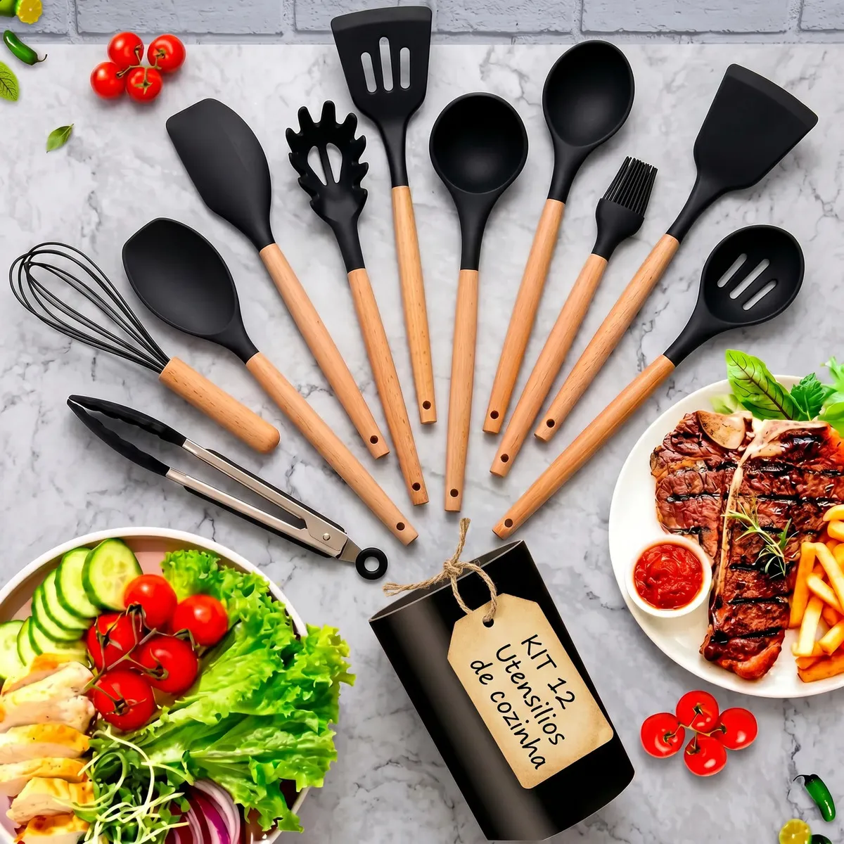 Kit 12 Utensílios De Cozinha Em Silicone Cabo Madeira Antiderrapante Resistentes Ao Calor Antiaderentes Ideal Para Panelas E Preparos Completos Ponte Lar Utilidades