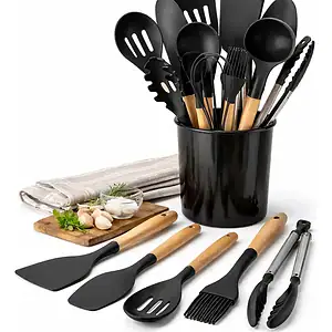 Kit Com 12 Utensílios De Cozinha Silicone Cabo De Madeira
