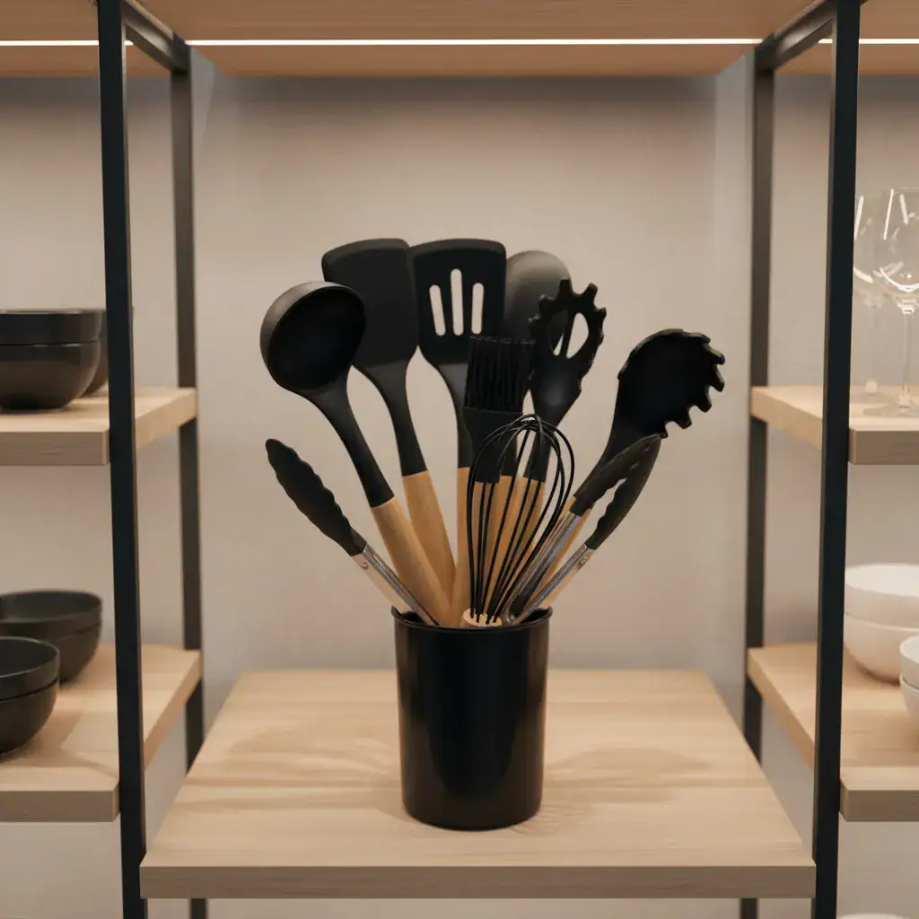 Kit Com 12 Utensílios De Cozinha Silicone Cabo De Madeira - Imagem 2