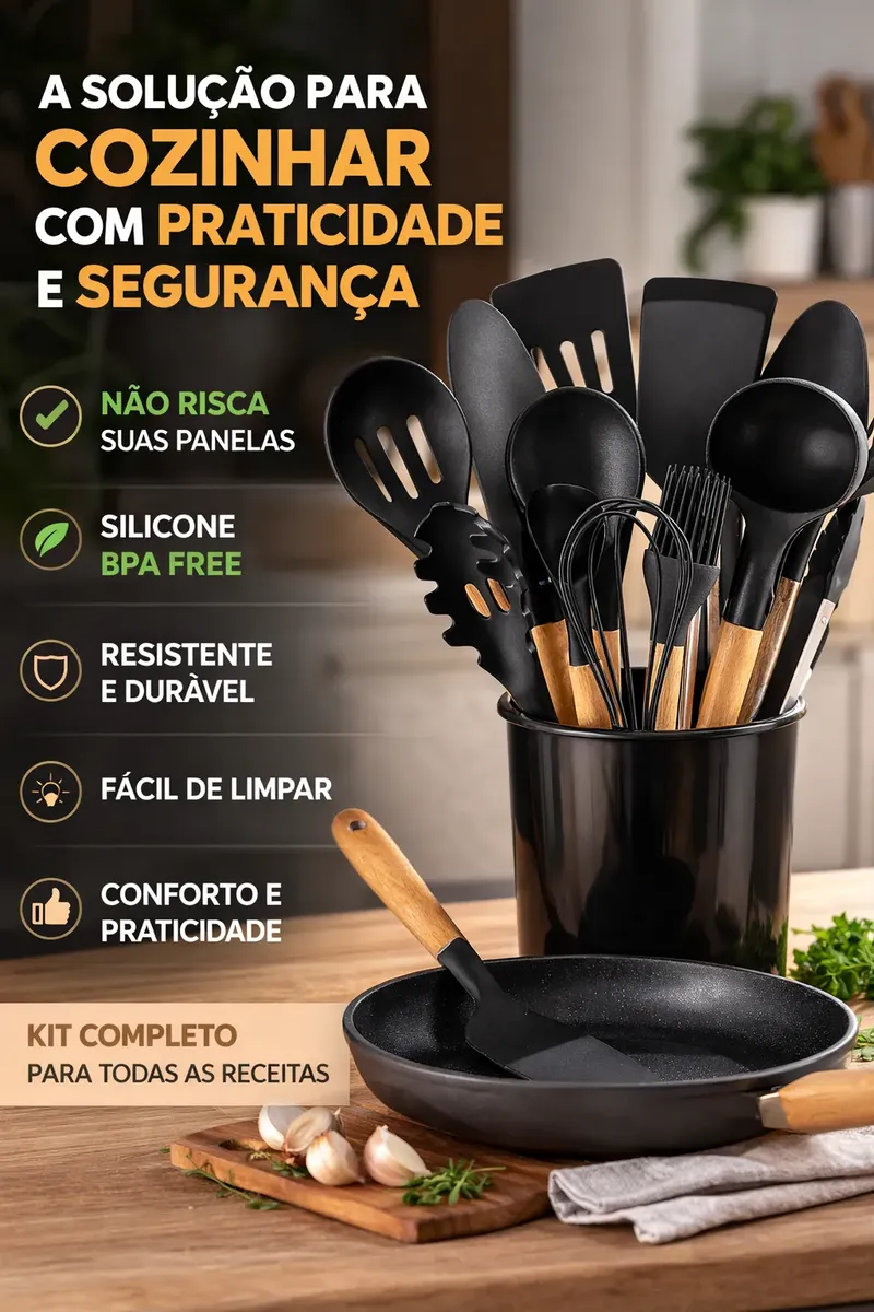 Kit Com 12 Utensílios De Cozinha Silicone Cabo De Madeira - Imagem 4