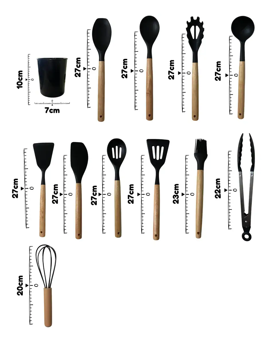 Kit Com 12 Utensílios De Cozinha Silicone Cabo De Madeira - Imagem 6