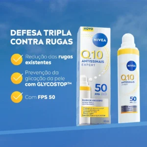 NIVEA Q10 Antissinais Fluido Diário FPS 50 40ml, Reduz e Combate Rugas, Pré-Maquiagem, Toque Seco, Tecnologia Glycostop, Cuidado Facial