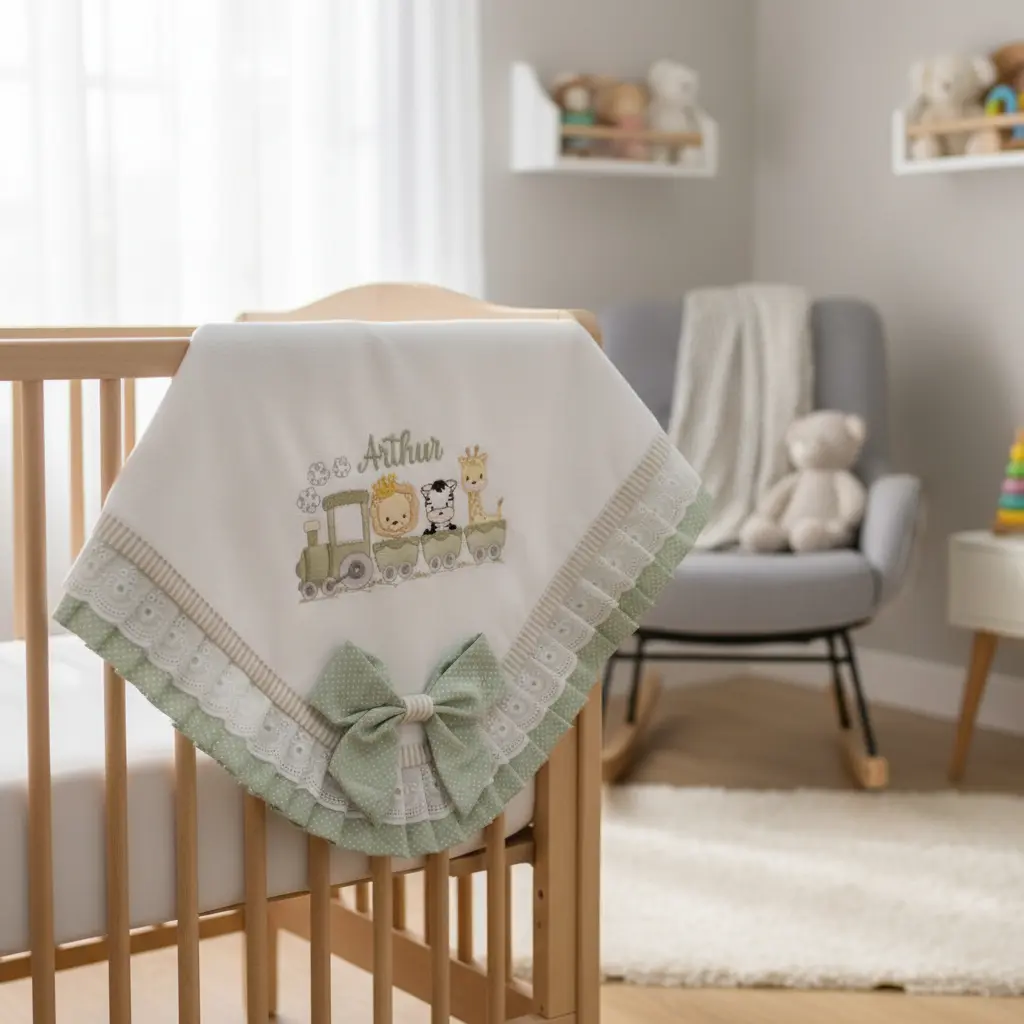 Manta De Bebê Babado Bordada Piquet Algodão Personalizada - Imagem 5