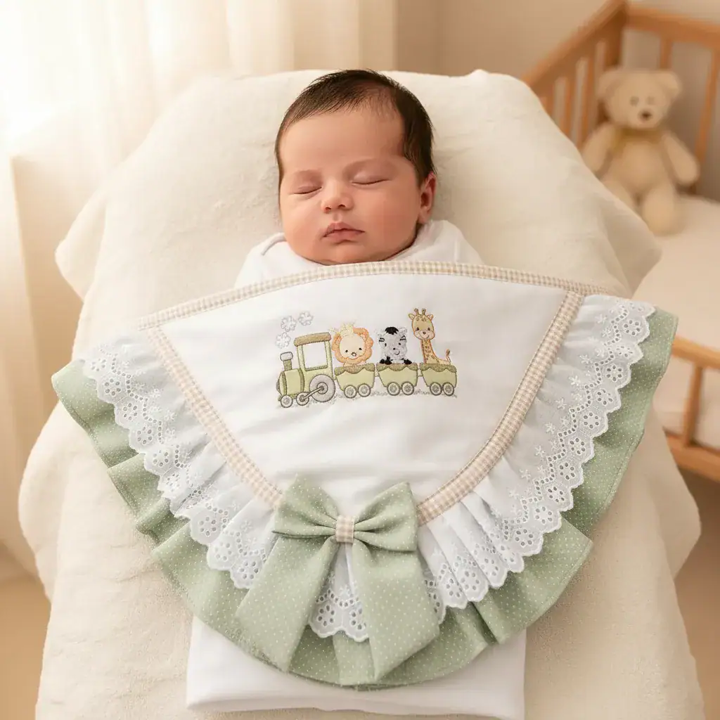 Manta De Bebê Babado Bordada Piquet Algodão Personalizada