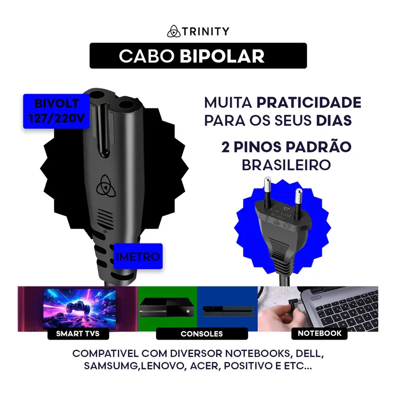 Cabo De Força 10a Bipolar Oitinho Para Impressoras, Fonte Notebook, Ps2, Ps3, Ps4, Ps5, Jbl, Xbox, Smart Tv, Fio Energia - Trinity - Imagem 6