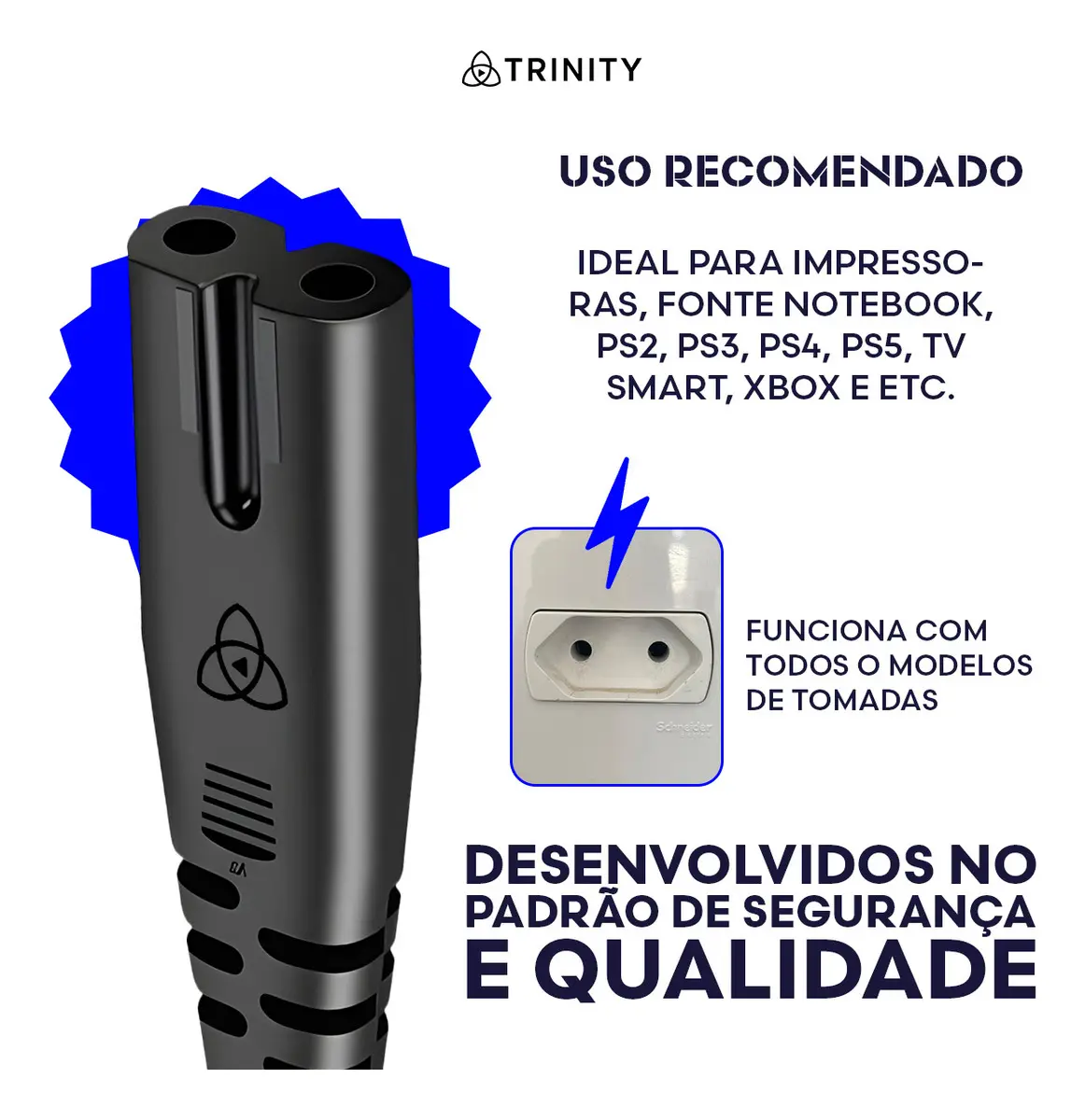 Cabo De Força 10a Bipolar Oitinho Para Impressoras, Fonte Notebook, Ps2, Ps3, Ps4, Ps5, Jbl, Xbox, Smart Tv, Fio Energia - Trinity - Imagem 8