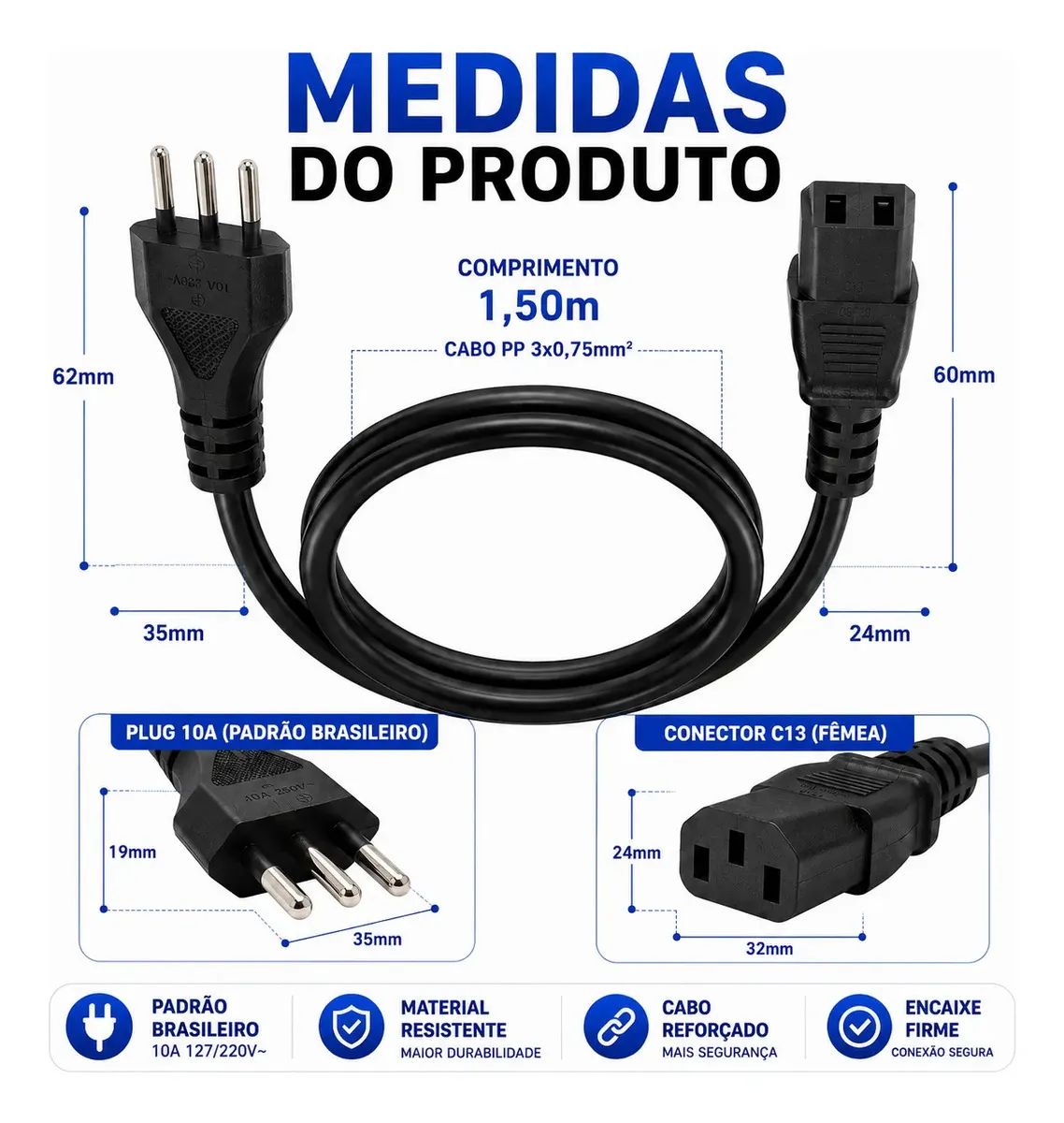 Cabo De Força Energia 10A Tripolar C13 1,5 Metros Para PC Computador Monitor Impressora Lenovo Nobreak Eletrônicos Certificado 3tech - certificado - 3Tech - Imagem 4