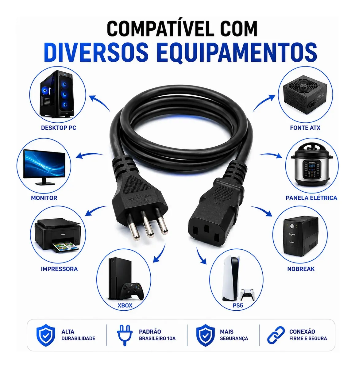 Cabo De Força Energia 10A Tripolar C13 1,5 Metros Para PC Computador Monitor Impressora Lenovo Nobreak Eletrônicos Certificado 3tech - certificado - 3Tech - Imagem 2