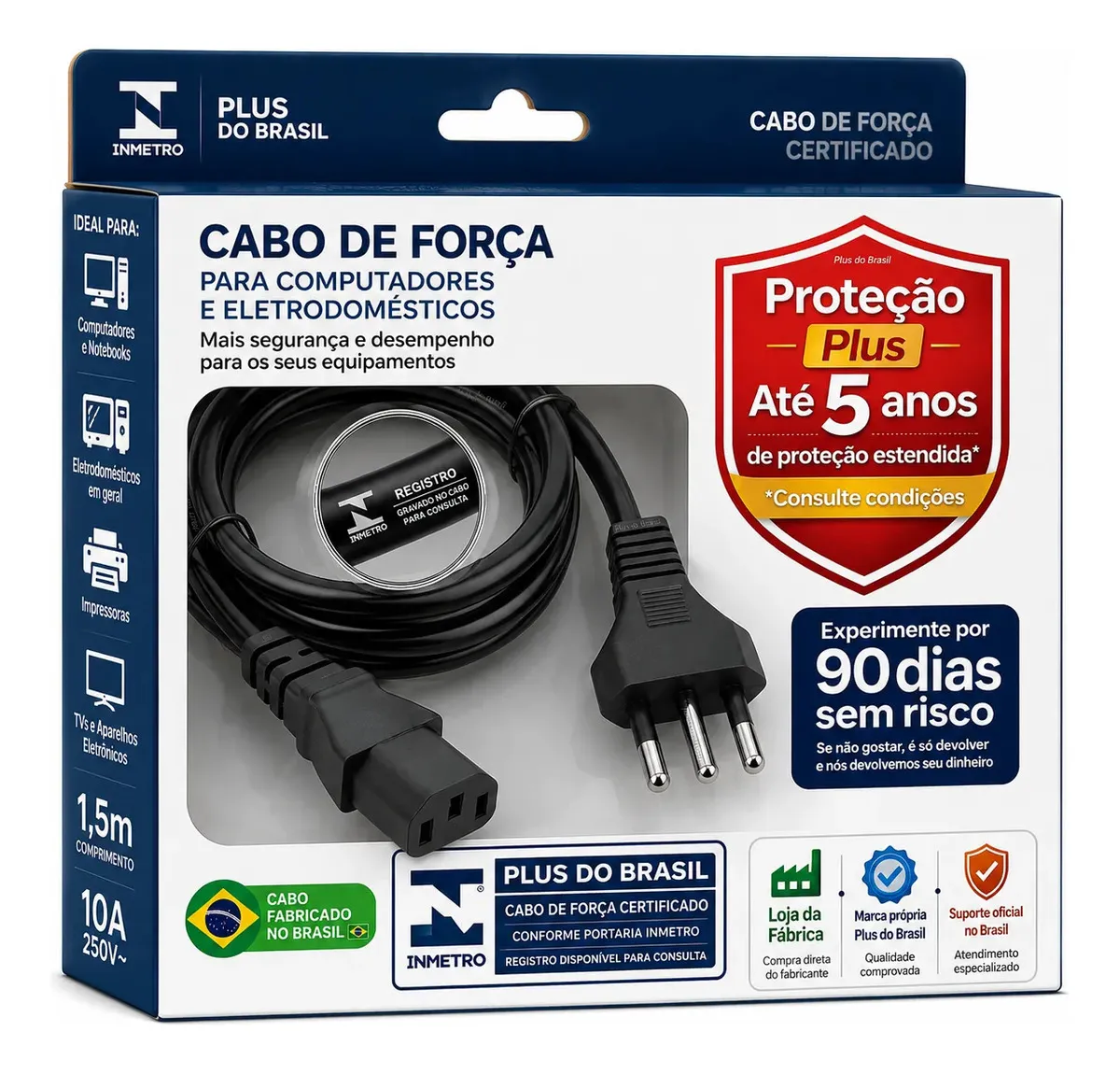 Plus Do Brasil Cabo De Força Energia 10a Tripolar P/ Pc Fonte Computador Cpu Monitor Eletrônicos C13 Panela Eletrica Pressão Robo Aspirador Bivolt Certificado Inmetro - 100% Cobre C/ Aterramento Real - Imagem 2