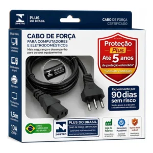 Plus Do Brasil Cabo De Força Energia 10a Tripolar P/ Pc Fonte Computador Cpu Monitor Eletrônicos C13 Panela Eletrica Pressão Robo Aspirador Bivolt Certificado Inmetro - 100% Cobre C/ Aterramento Real