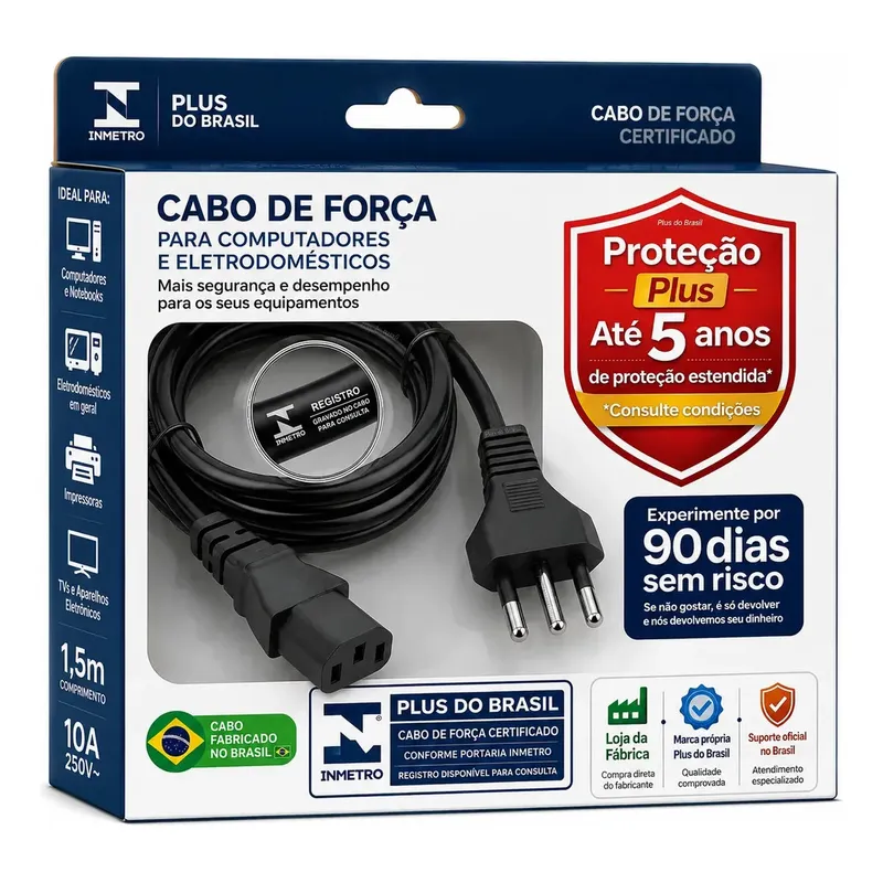 Plus Do Brasil Cabo De Força Energia 10a Tripolar P/ Pc Fonte Computador Cpu Monitor Eletrônicos C13 Panela Eletrica Pressão Robo Aspirador Bivolt Certificado Inmetro - 100% Cobre C/ Aterramento Real