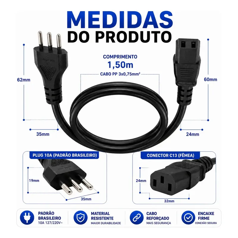 Cabo De Força Energia 10A Tripolar C13 1,5 Metros Para PC Computador Monitor Impressora Lenovo Nobreak Eletrônicos Certificado 3tech - certificado - 3Tech