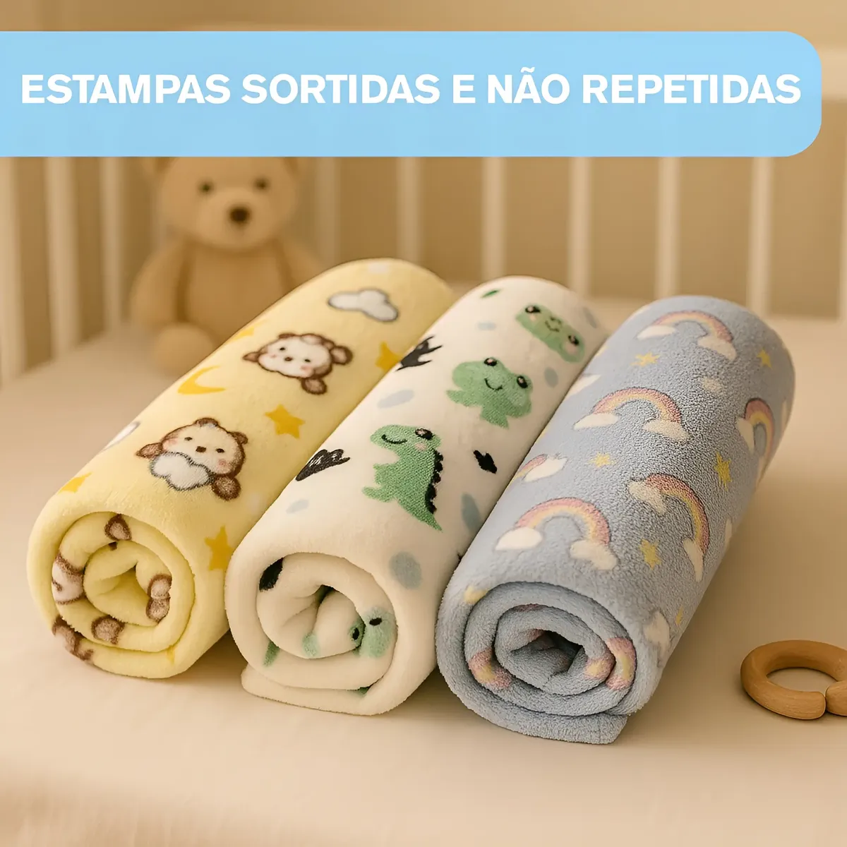 Kit 3 Manta Bebê Antialérgica Soft 1,00 X 0,70 Cm Estampadas