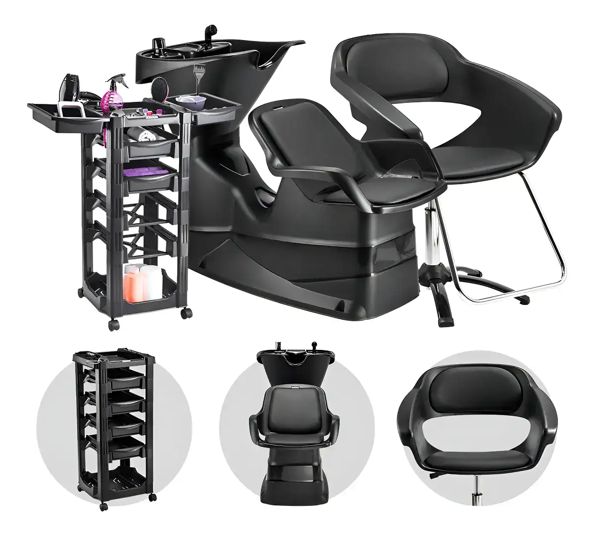 Kit Lavatório de Cabelo com Cadeira Primma e Carrinho Auxiliar Móveis para Salão de Beleza Dompel