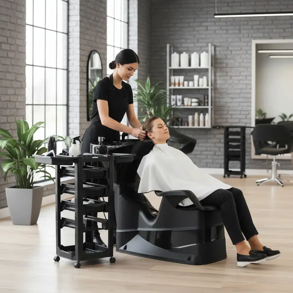 Kit Lavatório de Cabelo com Cadeira Primma e Carrinho Auxiliar Móveis para Salão de Beleza Dompel - Imagem 6