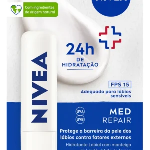 NIVEA Protetor Labial Med Repair FPS15 4,8g, Hidratação Intensa 24h, Alívio Imediato, Protege a Barreira da Pele, Cuidado Diário, Manteiga de Karité, Lábios Sensíveis