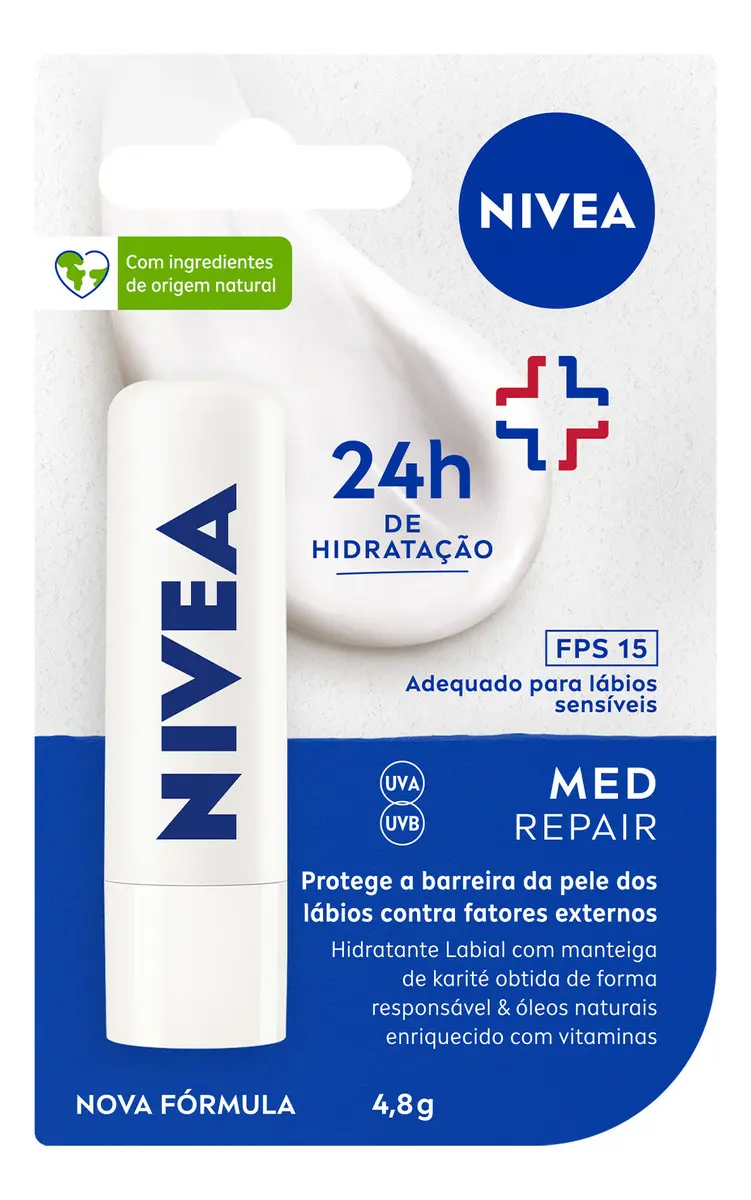 NIVEA Protetor Labial Med Repair FPS15 4,8g, Hidratação Intensa 24h, Alívio Imediato, Protege a Barreira da Pele, Cuidado Diário, Manteiga de Karité, Lábios Sensíveis