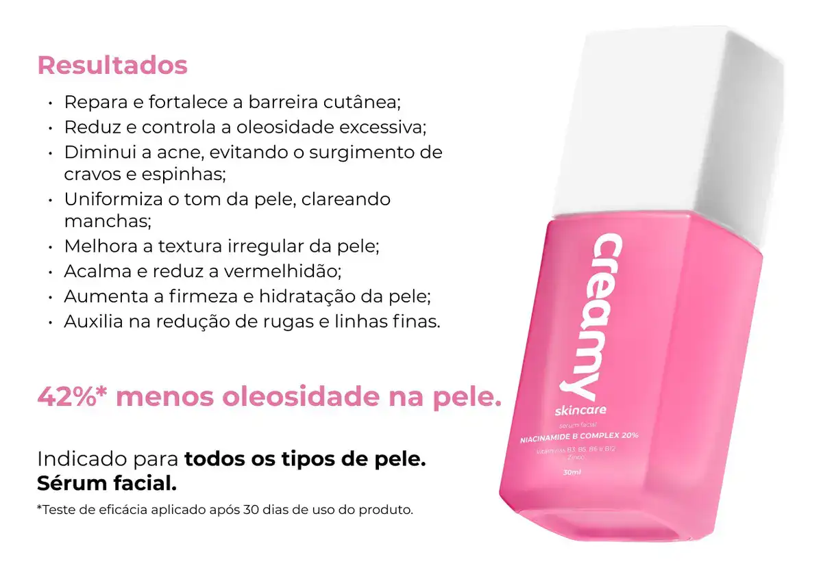 Creamy Skincare Niacinamide B Complex 20% 30ml | Uniformiza a Textura e o Tom da Pele, Clareia Manchas, Vitaminas B3, B12, B5, B6, E e Zinco | Todos os Tipos de Pele - Imagem 4