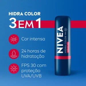 NIVEA Hidratante Labial Hidra Color 3 em 1 Vermelho FPS 30 4,8g, Cor Intensa, Hidratação 24h, Proteção UVA/UVB, Lábios e Bochechas