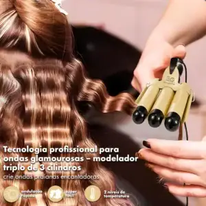 Chapinha Tripla Triondas Modelador Cabelo Cerâmica Tri-onda Ondulador Bivolt Cor Dourada Haixia