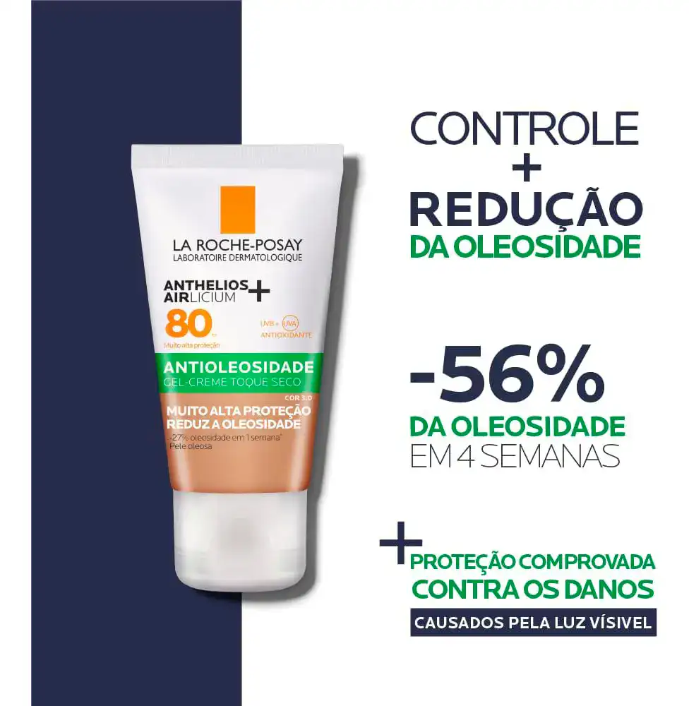 Protetor Solar Facial Antioleosidade FPS 80, Controle de Brilho por 12h, Efeito Matte, Cor 3.0, Anthelios Airlicium+ La Roche Posay, 40g - Imagem 3