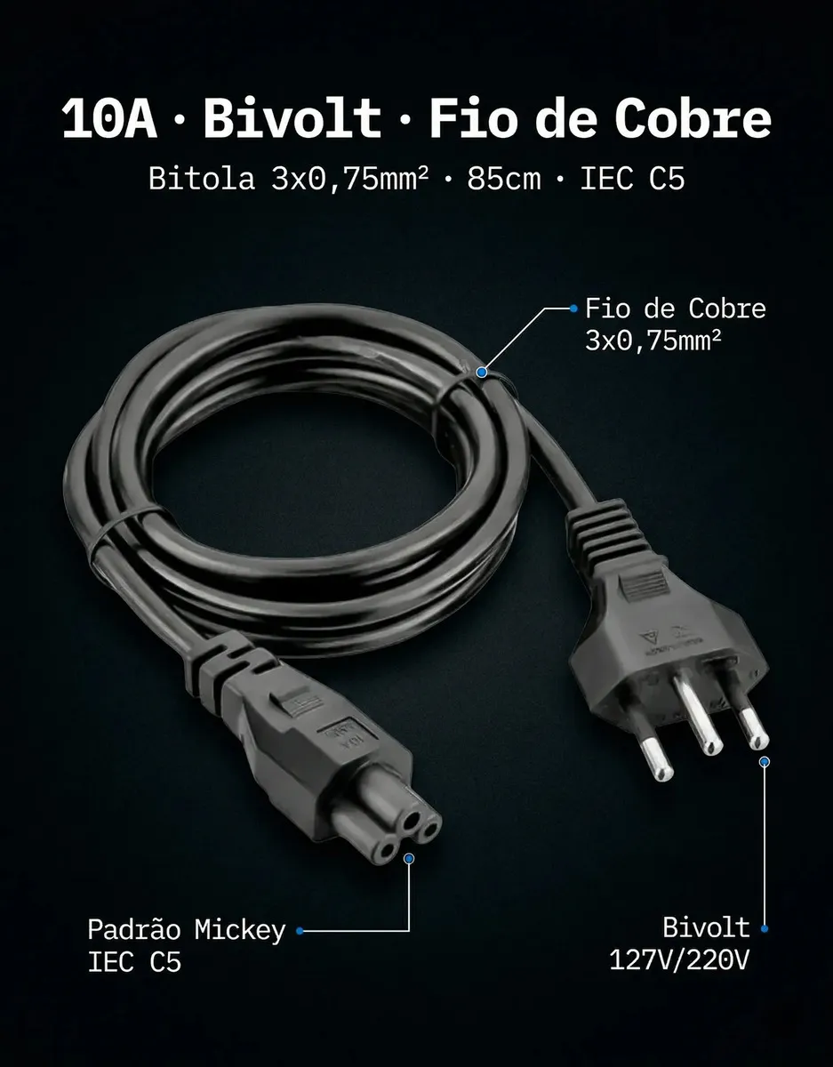 Cabo de Força Padrão Mickey de 10 A para Fonte de Notebook Dell, Samsung e Mais - Imagem 2