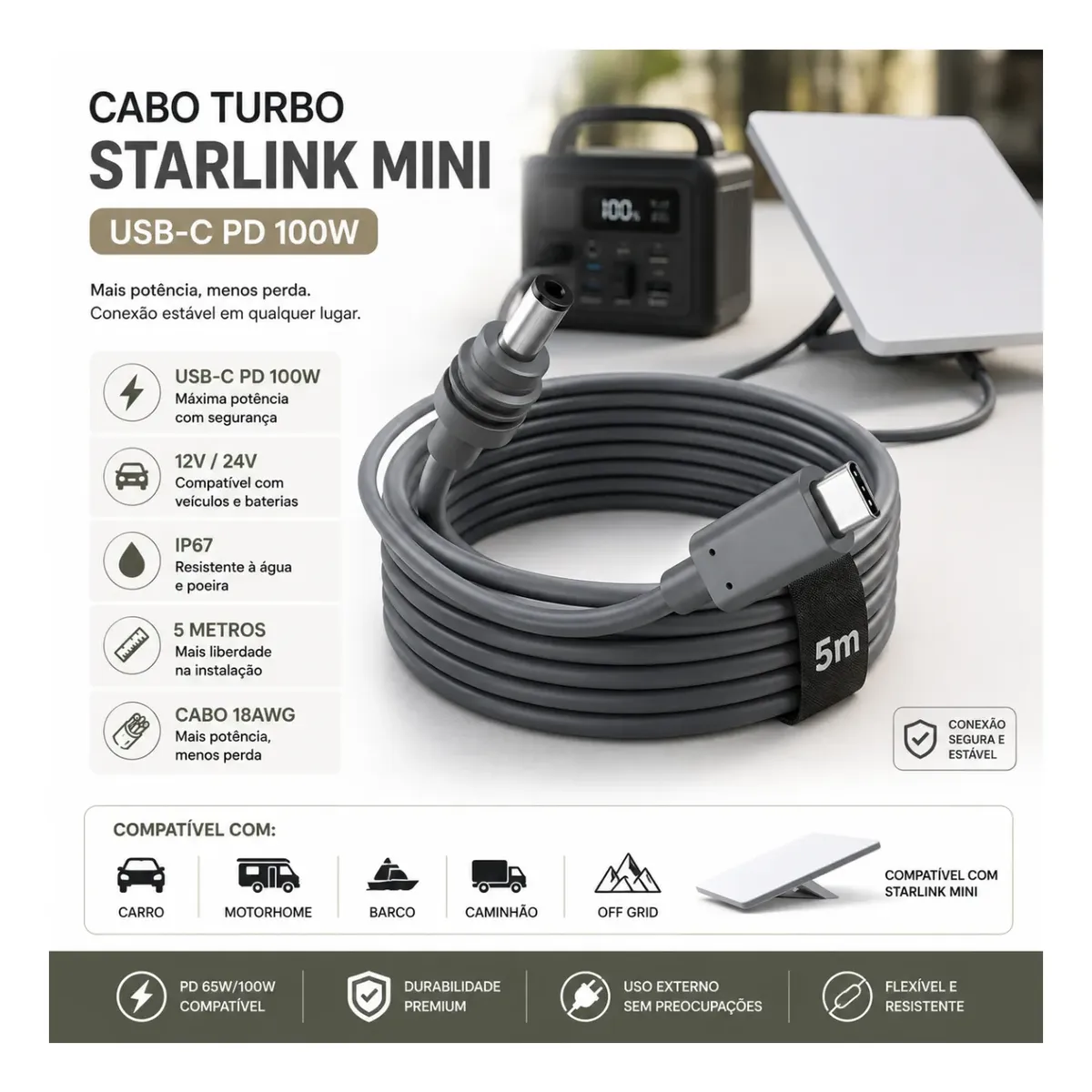 Cabo Tipo C 5m 100w P/ Starlink Mini Carregamento Powerbank - Imagem 8