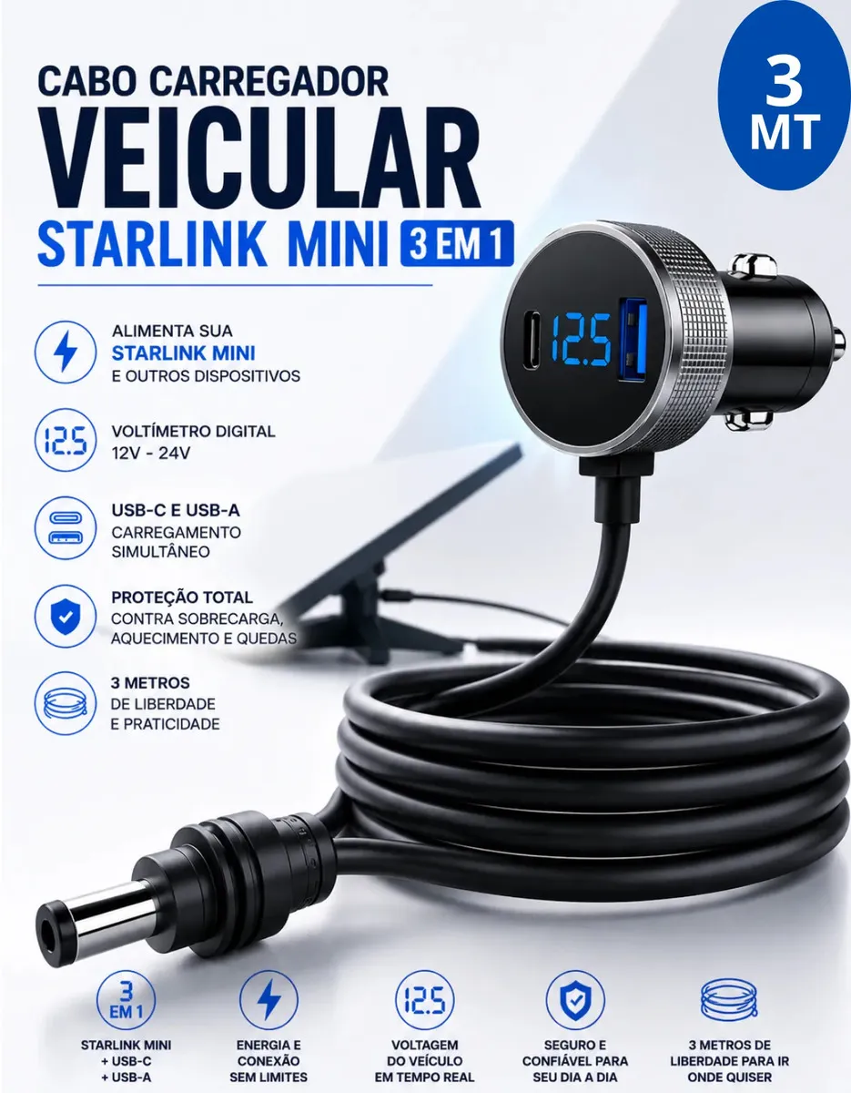 Cabo Carregador Starlink Mini 3 Em 1 Veicular 3 Metros Tomada Acendedor Voltímetro Digital Usb-c Usb-a Compativel Carro Caminhão Motorhome Barco 12v 24v Ice Coorel - Imagem 7