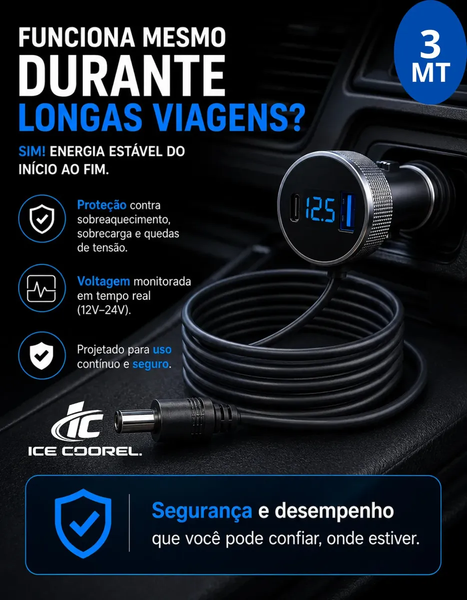 Cabo Carregador Starlink Mini 3 Em 1 Veicular 3 Metros Tomada Acendedor Voltímetro Digital Usb-c Usb-a Compativel Carro Caminhão Motorhome Barco 12v 24v Ice Coorel