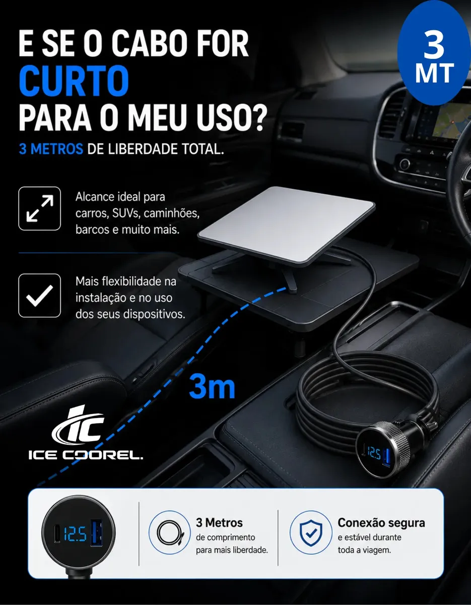 Cabo Carregador Starlink Mini 3 Em 1 Veicular 3 Metros Tomada Acendedor Voltímetro Digital Usb-c Usb-a Compativel Carro Caminhão Motorhome Barco 12v 24v Ice Coorel - Imagem 5