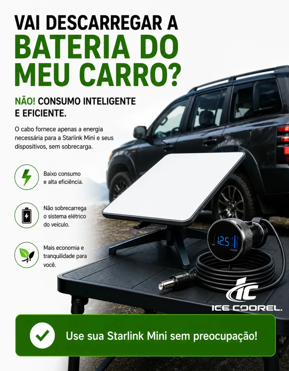 Cabo Carregador Starlink Mini 3 Em 1 Veicular 3 Metros Tomada Acendedor Voltímetro Digital Usb-c Usb-a Compativel Carro Caminhão Motorhome Barco 12v 24v Ice Coorel - Imagem 4