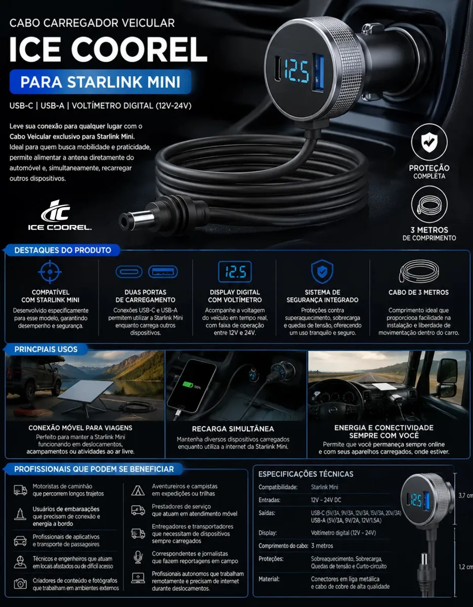 Cabo Carregador Starlink Mini 3 Em 1 Veicular 3 Metros Tomada Acendedor Voltímetro Digital Usb-c Usb-a Compativel Carro Caminhão Motorhome Barco 12v 24v Ice Coorel - Imagem 3