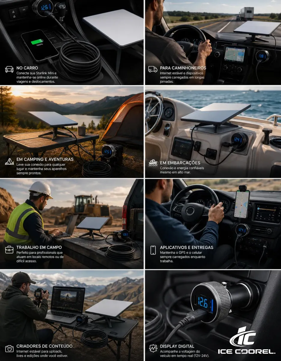 Cabo Carregador Starlink Mini 3 Em 1 Veicular 3 Metros Tomada Acendedor Voltímetro Digital Usb-c Usb-a Compativel Carro Caminhão Motorhome Barco 12v 24v Ice Coorel - Imagem 2