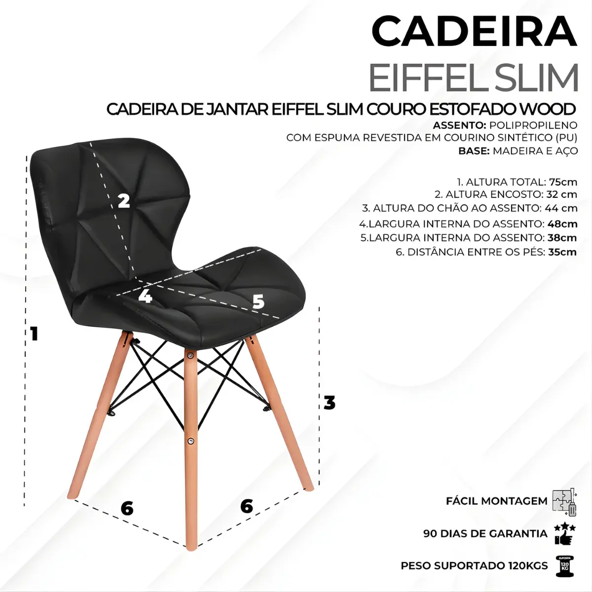 Cadeira Eiffel Estofada Preta Base Madeira Design Eagle Forc - Imagem 2