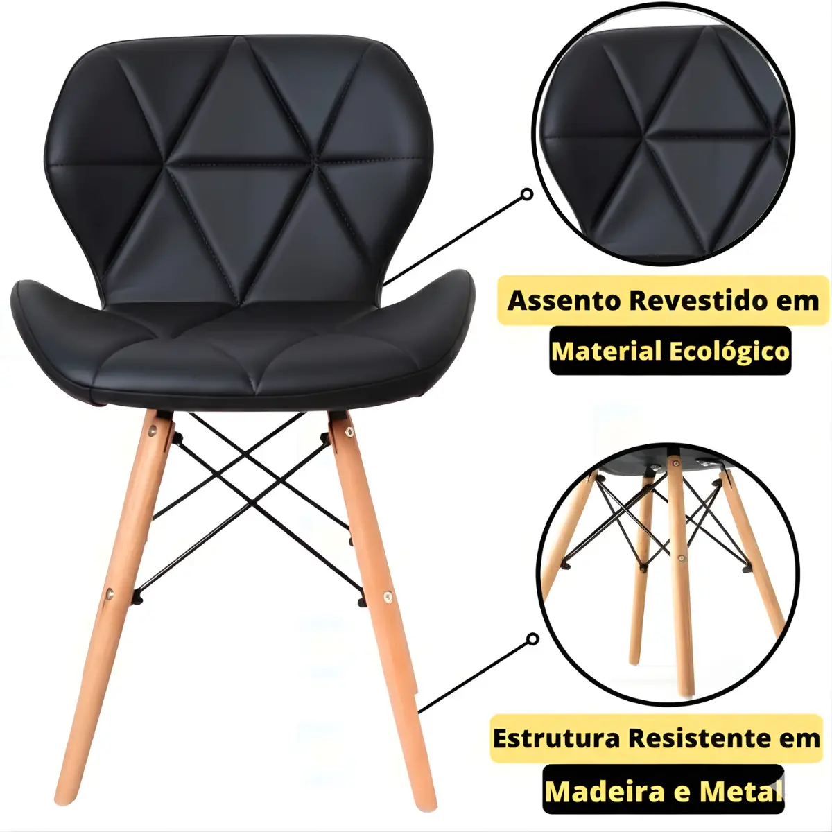Cadeira Eiffel Estofada Preta Base Madeira Design Eagle Forc