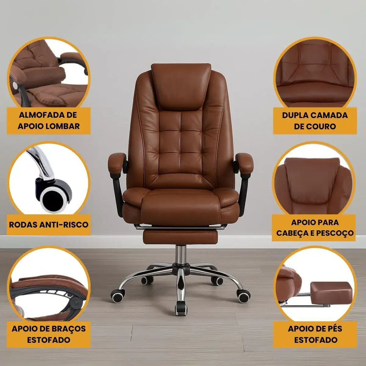 Cadeira De Escritório Itália Presidente Ergonômica Couro Sintético Encosto Ajustável Com Trava E Apoio Para Pés Cor Marrom Luvinco - Imagem 2
