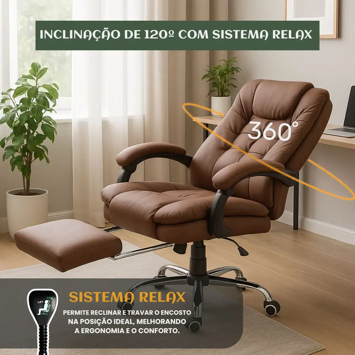 Cadeira De Escritório Itália Presidente Ergonômica Couro Sintético Encosto Ajustável Com Trava E Apoio Para Pés Cor Marrom Luvinco - Imagem 6