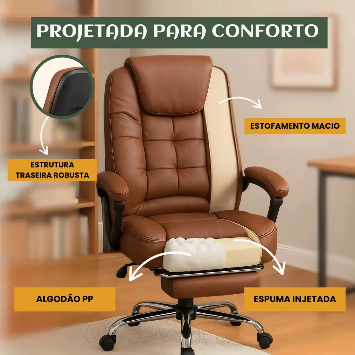 Cadeira De Escritório Itália Presidente Ergonômica Couro Sintético Encosto Ajustável Com Trava E Apoio Para Pés Cor Marrom Luvinco - Imagem 4
