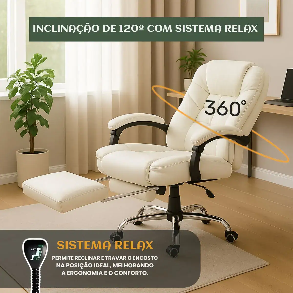 Cadeira De Escritório Itália Presidente Ergonômica Couro Sintético Encosto Ajustável Com Trava E Apoio Para Pés Cor Branca Luvinco - Imagem 6
