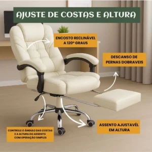 Cadeira De Escritório Itália Presidente Ergonômica Couro Sintético Encosto Ajustável Com Trava E Apoio Para Pés Cor Branca Luvinco