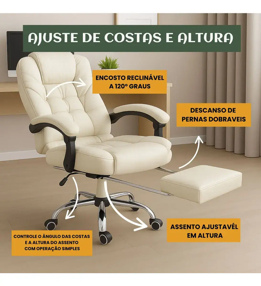 Cadeira De Escritório Itália Presidente Ergonômica Couro Sintético Encosto Ajustável Com Trava E Apoio Para Pés Cor Branca Luvinco