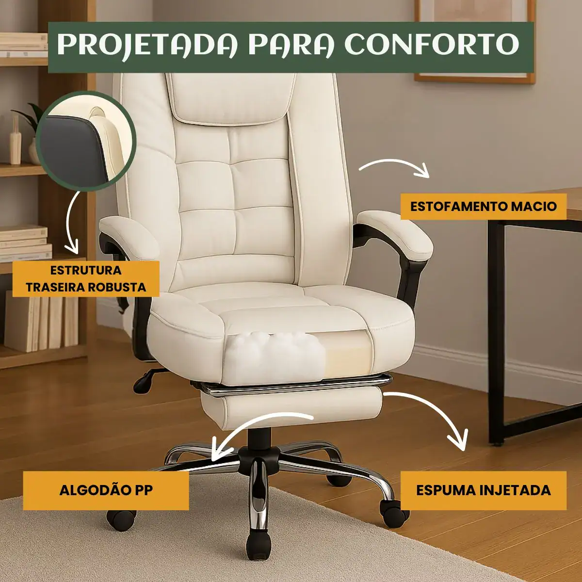 Cadeira De Escritório Itália Presidente Ergonômica Couro Sintético Encosto Ajustável Com Trava E Apoio Para Pés Cor Branca Luvinco - Imagem 4