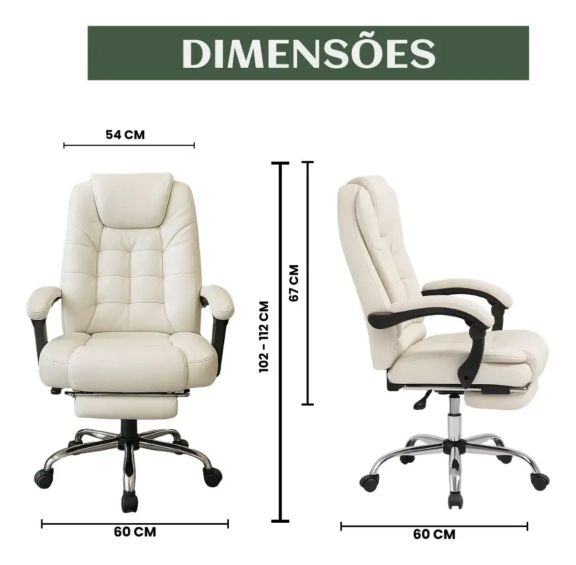 Cadeira De Escritório Itália Presidente Ergonômica Couro Sintético Encosto Ajustável Com Trava E Apoio Para Pés Cor Branca Luvinco - Imagem 3