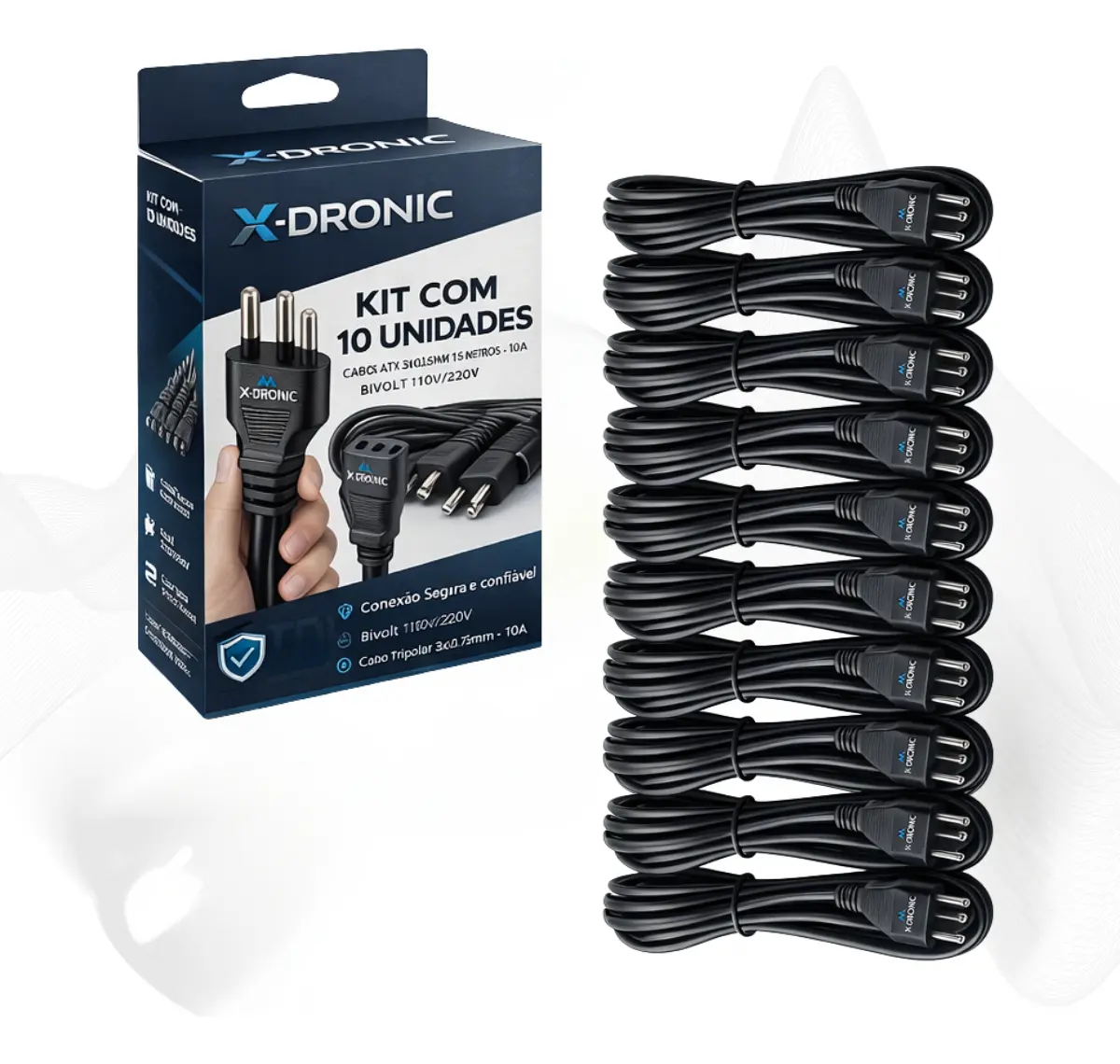 Kit 10 Cabos de Força Tripolar 10 A para PC e Monitor de 1,5m