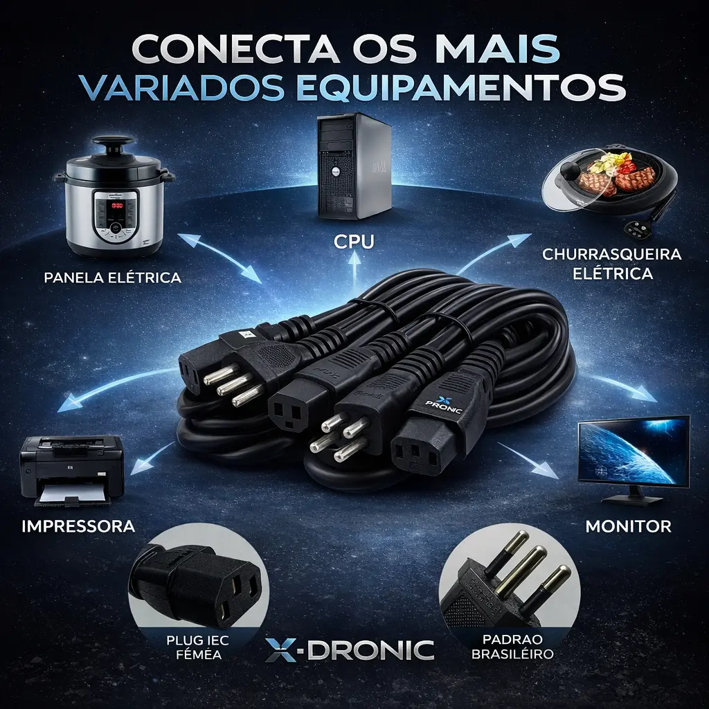 Kit 10 Cabos de Força Tripolar 10 A para PC e Monitor de 1,5m - Imagem 5