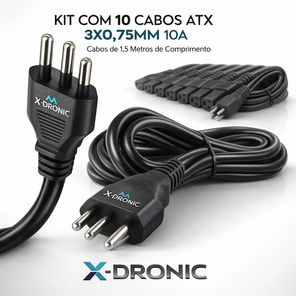 Kit 10 Cabos de Força Tripolar 10 A para PC e Monitor de 1,5m - Imagem 4