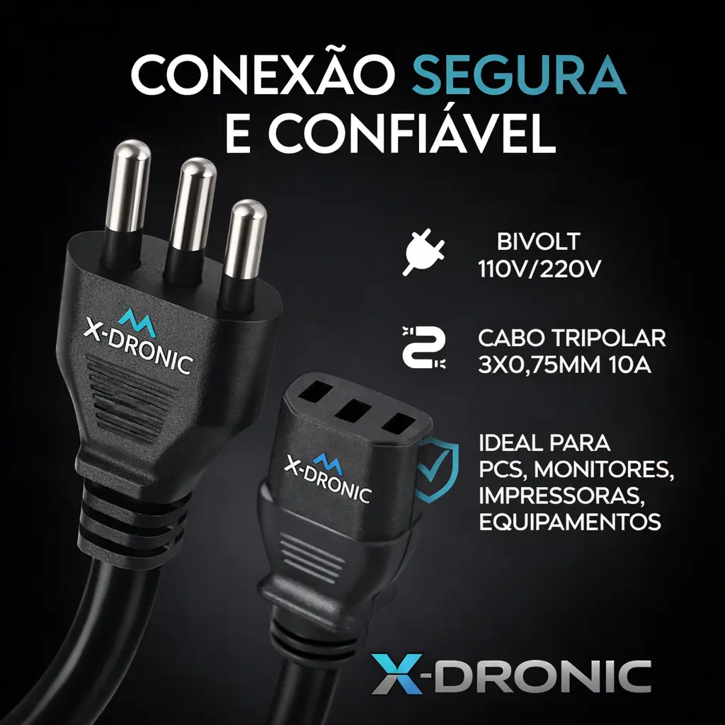 Kit 10 Cabos de Força Tripolar 10 A para PC e Monitor de 1,5m - Imagem 3